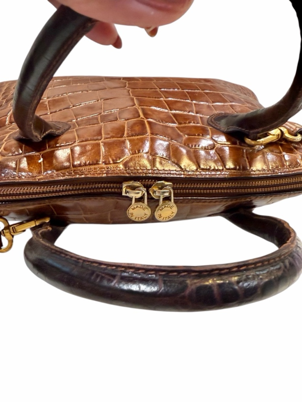 Brown Crocodile Leather Top-Handle Bag with Shoulder Strap Made in Italy 🇮🇹 - Picture 3 of 15
